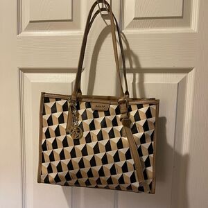 DKNY DONNA KARAN Khaki Black & Beige Geometric Print Shoulder Bag Faux Leather